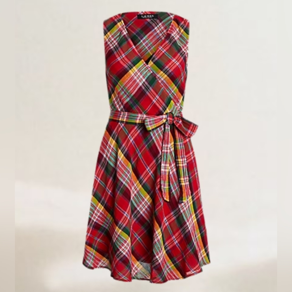 Lauren Ralph Lauren 00 Red Plaid Crinkle Cotton Faux Wrap Sleeveless Dress